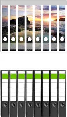 Produktbild von Wallario 8 Stück schmale Ordner inkl. Klebeetiketten mit Motive Felsige Küste bei Sonnenuntergang -  Set mit Rückenschildern / Ordnerrücken Stickern