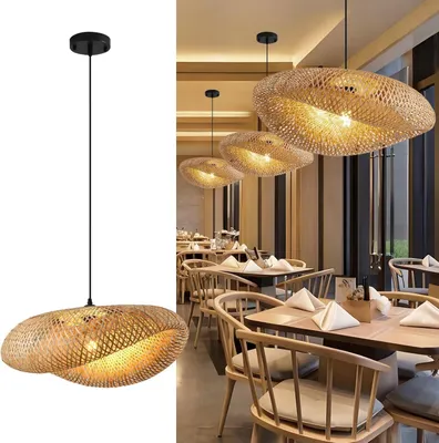 Produktbild von Joyinled Rattan Hängelampe Ø60 cm aus Bambus – Handgeflochtene Boho Pendelleuchte E27 für Esszimmer, Wohnzimmer, Küche & Schlafzimmer