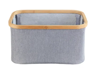 Produktbild von WENKO Aufbewahrungskorb Mod. Bahari, moderne Aufbewahrungsbox mit hochwertigem Bambus-Rahmen, platzsparend zusammenklappbar, 20 L Fassungsvermögen, 38 x 26 x 20 cm, aus pflegeleichtem Polyester