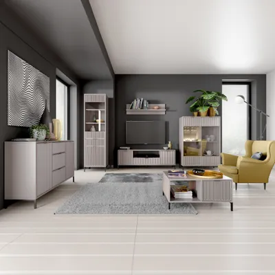 Produktbild von Wohnzimmer Set Kaschmir beige LAURO-161 modern mit Rillenoptik 6-teilig