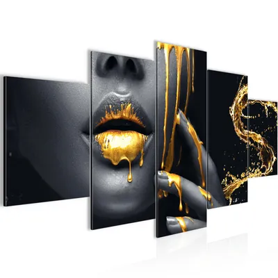 Produktbild von Runa Art - Bilder Lippen Gold Schwarz 200 x 100 cm 5 Teilig XXL Wanddekoration Design Frau 041551a