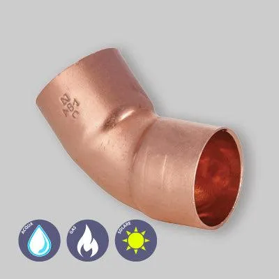 Productafbeelding van 45° bocht voor koperen buis, mannelijk/vrouwelijk, te solderen, diameter 54 x 54 mm