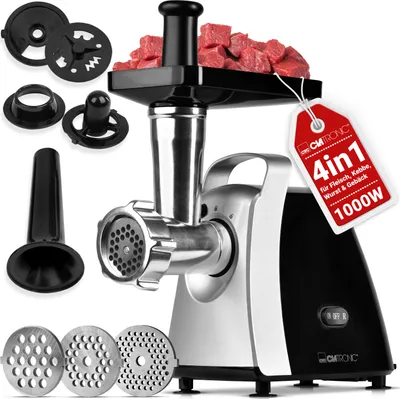 Produktbild von Clatronic® Fleischwolf 1000W | mit Aufsatz für Plätzchen/Spritzgebäck | Fleischwolf elektrisch | 3 Metall-Lochscheiben | Vor- und Rücklauf | inkl. Wurstfüller | Metall-Hals u. Schnecke | FW 3803