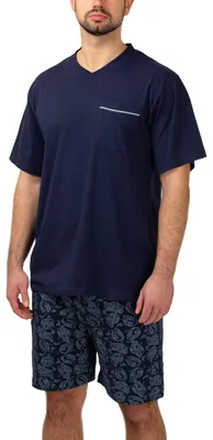 Produktbild von Moonline - Herren Shorty Schlafanzug kurz Pyjama mit karierter Hose aus 100% Baumwolle ; Marine , XXL