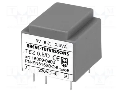 Zdjęcie produktu dla 1x Transformator: napięcie wtórne 9V, napięcie pierwotne 230VAC, moc 0,5VA, prąd 55,5mA. Montaż: TEZ0.5/D230/9V -Tran