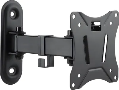 A black metal TV wall mount with an articulating arm.