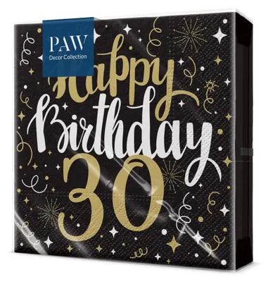 Zdjęcie produktu dla 20 serwetek Gold Birthday 30 – Happy Birthday 30 czarno-złote 33 x 33 cm