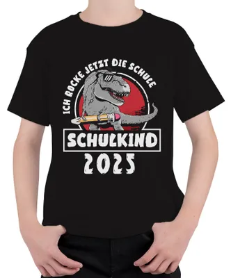 Produktbild von Ich Rocke Jetzt Die Schule Schulkind 2025 Personalisiert Wunschjahr Personalisierbar Jahr Dinosaurier T-Rex Einschulung Uni Kinder T-Shirt, Schwarz, 152