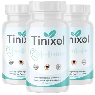 Three bottles of Tinixol dietary supplement arranged in a group.