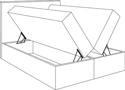 A line drawing of a bed with its storage compartments open.