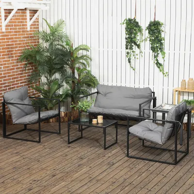 Produktbild von Gartenmöbel Set 4-teilig Stahlrahmen, Lounge Sitzgruppe mit Kissen, Outdoor Gartensofa 2-Sitzer, Grau | 114x70x67 cm | 26 kg | wetterfest