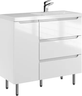 Produktbild von FURNI Waschtischunterschrank ETH 90 - Weiß Hochglanz - Stehender Badschrank mit Mineralguss-Waschbecken - Griffmulden - Vormontiert
