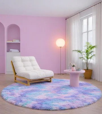 Produktbild von Runder Teppich 120 cm - Batik Blau-Violett, Hochflor und waschbar