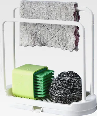 Produktbild von Platzsparender Stoffhalter mit Ablaufschale, 20,3 x 9,5 x 20,3 cm, abnehmbarer Handtuchhalter für Küchenspüle, offene Struktur, reduziert Gerüche, für Spülbecken, Küchenarbeitsplatte