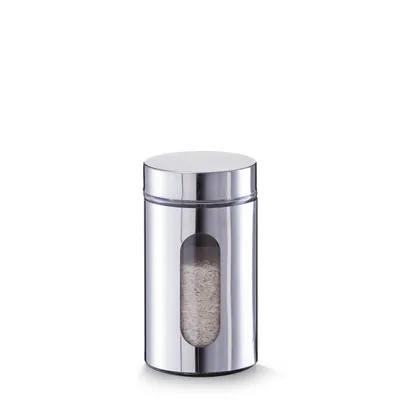 A silver and glass storage jar filled with rice, shown against a white background.