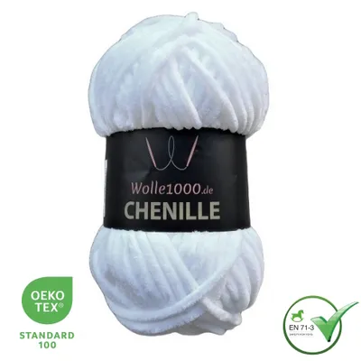 Produktbild von Wolle1000 Chenille - 01 WEISS - 100g - weiches Chenille Garn / Kuschelwolle