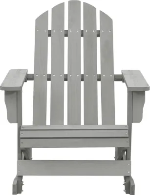 A front view of a gray wooden Adirondack chair against a white background.