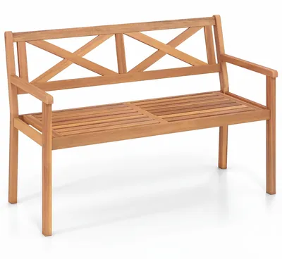 Produktbild von KOMFOTTEU Gartenbank, 112 cm Holzbank für 2 Sitzer mit Rückenlehne & Armlehnen, Sitzbank aus Akazienholz bis 360 kg belastbar, Bank mit Lattenrost, Balkonbank für Garten, Balkon & Terrasse, Natur