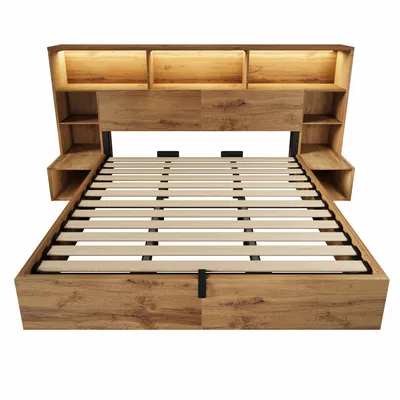 Obrázek produktu pro Abrihome Dvoulůžko Masivní dřevěná postel 180x200 cm Klasická postel s LED osvětlením a USB, postel pro mládež s úložným prostorem v čele a hydraulickým mechanismem