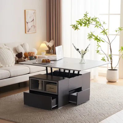 Image de Abrihome Table basse d'appoint avec 2 bureaux extensibles Lift, 2 compartiments ouverts de rangement et 2 tiroirs, blanc+gris