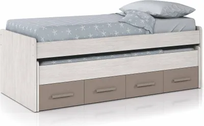Produktbild von Einzelbett Dmerli, Bettrahmen für Schlafzimmer, Einzelbett mit Ausziehbett und 4 Schubladen, 198x96h69 cm, Holz und Braun