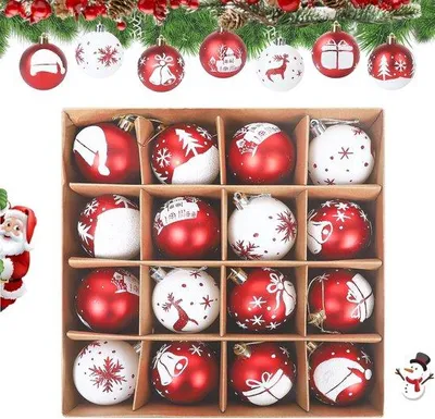 Produktbild von Kerstbaumdeko, 16 Stück, rote und weiße Kugeln, für den Weihnachtsbaum, mit Schnur, für Weihnachtsfeiern, Dekoration