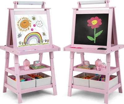 Produktbild von doppelseitige Kinder Staffelei aus Holz, Kinderstaffelei mit Ablage, Kindertafel mit Papierrolle Whiteboard und Kreidetafel, inkl. 2 Stoffboxen (Rosa)