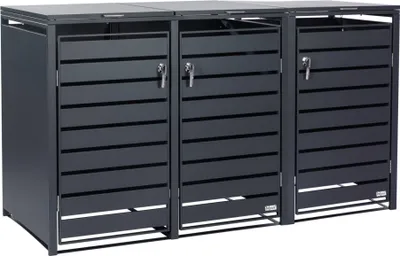 A dark gray, three-unit trash bin enclosure with slatted doors and silver handles, shown outdoors against a white background.