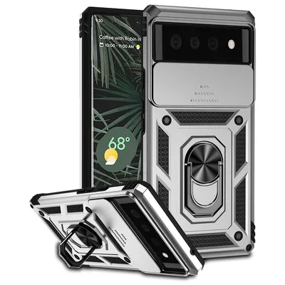 Immagine prodotto di Custodia per Google Pixel 6 a doppio strato con copertura scorrevole della fotocamera e supporto ad anello Argento