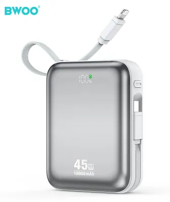Image de Batterie externe Bwoo Power Bank P77, 45W, 10000 mAh, avec 2 câbles USB-C et Lightning, couleur grise