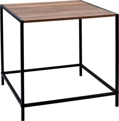 A square side table with a wooden top and black metal legs, presented against a white background.