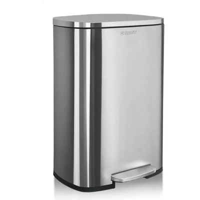 A stainless steel pedal bin on a white background.