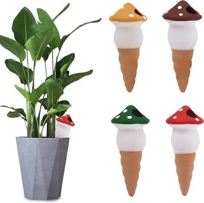 Produktbild von Unyqoos® Keramik-Pflanzenbewässerer 4er-Set – 4×125 ml Terrakotta, automatische Bewässerung für Zimmerpflanzen & Bonsai, dekoratives Pilz-/Vogel-Design