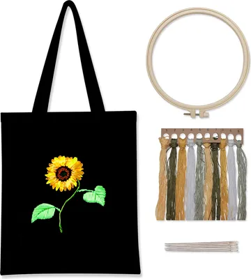 Produktbild von Stickset, enthält schwarze Canvas-Tasche, drei einzigartige Muster, Sonnenblume