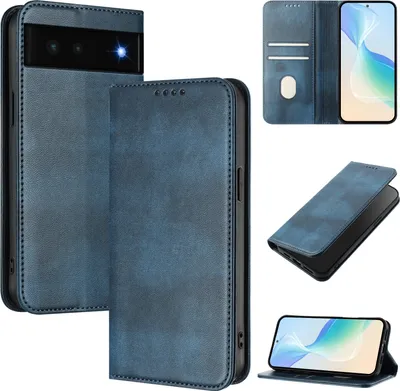 Produktbild von Handyhülle für Google Pixel 6, Vintage Leder RFID Schutz Kartenfach Standfunktion Magnetische Klapphülle Blau