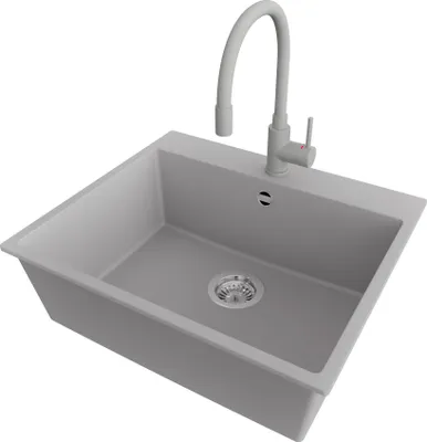 Produktbild von PRIMAGRAN Granitspüle Grau 58x50cm, Spülbecken 1 Becken + Küchenarmatur 38x14cm + Ablauf-Set, Küchenspüle ab 60er Unterschrank - Riga