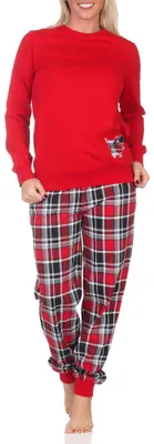 Produktbild von Damen Schlafanzug mit Bündchen mit Karohose und süssen Tiermotiv - auch in Übergrössen ; rot , 36