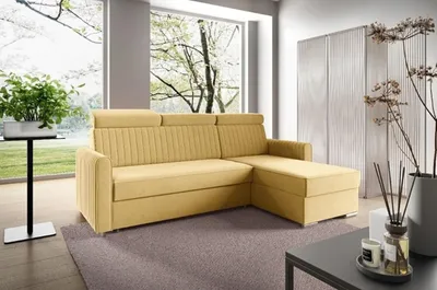 Zdjęcie produktu dla LIKMA Narożnik 213 cm Musztardowy Rozkładany NELI Kształt L z Funkcją Spania (190x125 cm) i Pojemnikiem na Pościel Sofa z Regulowanymi Zagłówkami