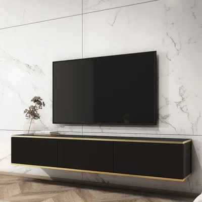 Productafbeelding van TV-kast met hangende kast FORNO, zwart, goud, glamour, Art Deco stijl, 175 cm
