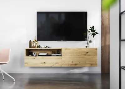 Obrázok produktu pre Závesná TV skrinka Enjoy Závesná TV skrinka Zásuvka Loft style Moderný industriálny nábytok Lindner 120cm x 30cm x 35cm Farba: dubový Artisan mat