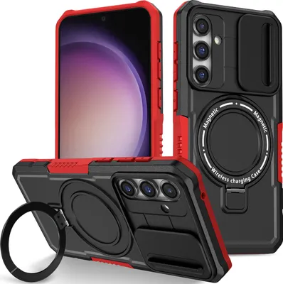 Produktbild von Handyhülle für Samsung Galaxy S23 FE Kompatibel mit MagSafe, Robuste Hülle mit Schiebe Kamera Schutz, Magnetischer Ringständer Schwarz Rot
