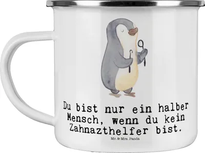 Produktbild von Mr. & Mrs. Panda Emaille Tasse Zahnarzthelfer Herz - Weiß - Geschenk, Pott, becher, Teetasse, Kaffeepott, emaillebecher