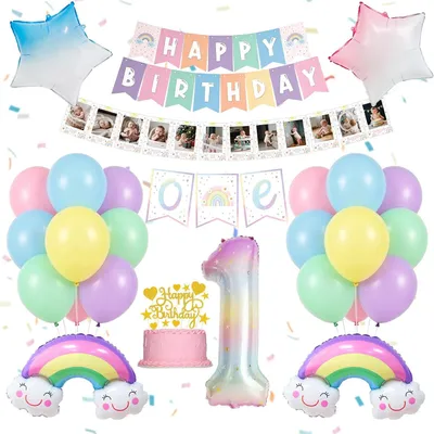 Immagine prodotto di Set di decorazioni per il primo compleanno di una bambina, colori pastello arcobaleno, palloncino con il numero 1, 1 set, per feste per bambini