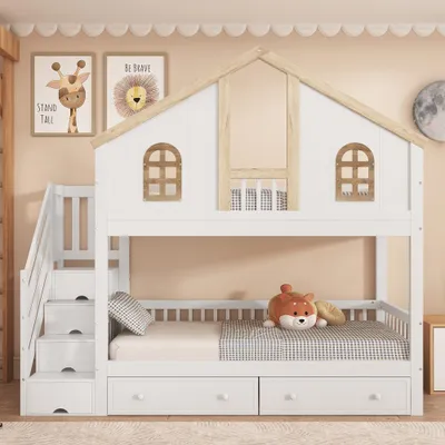 Produktbild von Kinder Etagenbett 90x200cm aus Holz mit Stauraumtreppe und Schubladen, Hausbett in Weiß/Natur mit Fensterdesign und Rausfallschutz