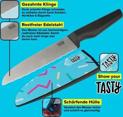 Produktbild von Tasty Küchenmesser aus Edelstahl, Universalmesser mit schärfender Klingenschutzhülle