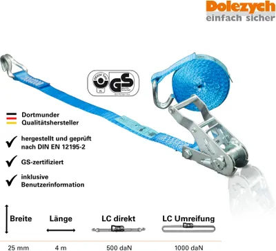 Immagine prodotto di Cinghia di ancoraggio Dolezych lunghezza 4m larghezza 25mm con gancio profilato e mini cricchetto 1000kg / daN 2 pezzi, blu - 26251034-4