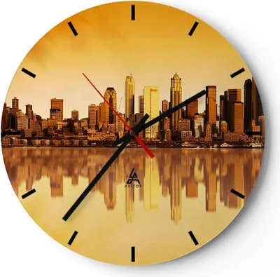 Produktbild von Wanduhr - Rund - Glasuhr - Stadt Wolkenkratzer Wasser - 40x40cm - Schleichendes Uhrwerk - Lautlos - zum Aufhängen bereit - Dekoration Modern - Wanddekoration aus Glas - C3AR40x40-0118