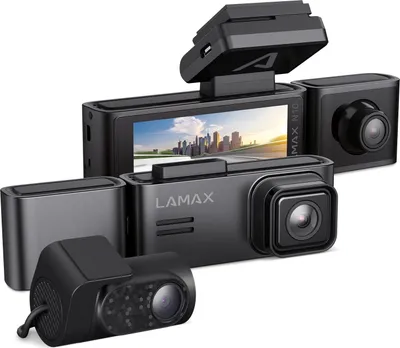 A group of black dashcams are arranged in a visually appealing way against a white background.