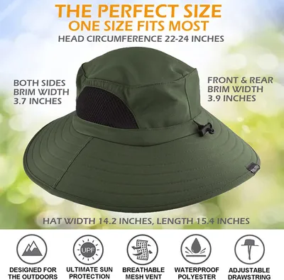 Produktbild von Sonnenhut mit breiter Krempe, UV-Schutz Kappe, Uni Fischerhut, leicht, faltbar, für Wandern, Angeln, Garten & Reise, Atmungsaktiv (Armeegrün)