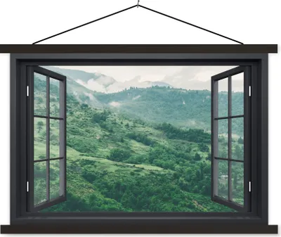 Produktbild von MuchoWow® Textilposter Aussicht - Berg - Baum 60x40 cm mit schwarzem Rahmen - Hölzernes